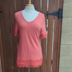 Chico's Coral V-Neck Tunic with Lace Trim